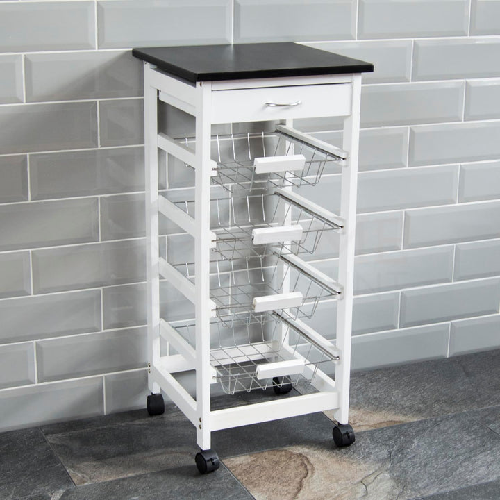 Chef Vida Küchenwagen mit Schubladen, 4-stöckig, Kiefernholz, Weiss/Schwarz, 81 x 37 x 37 cm