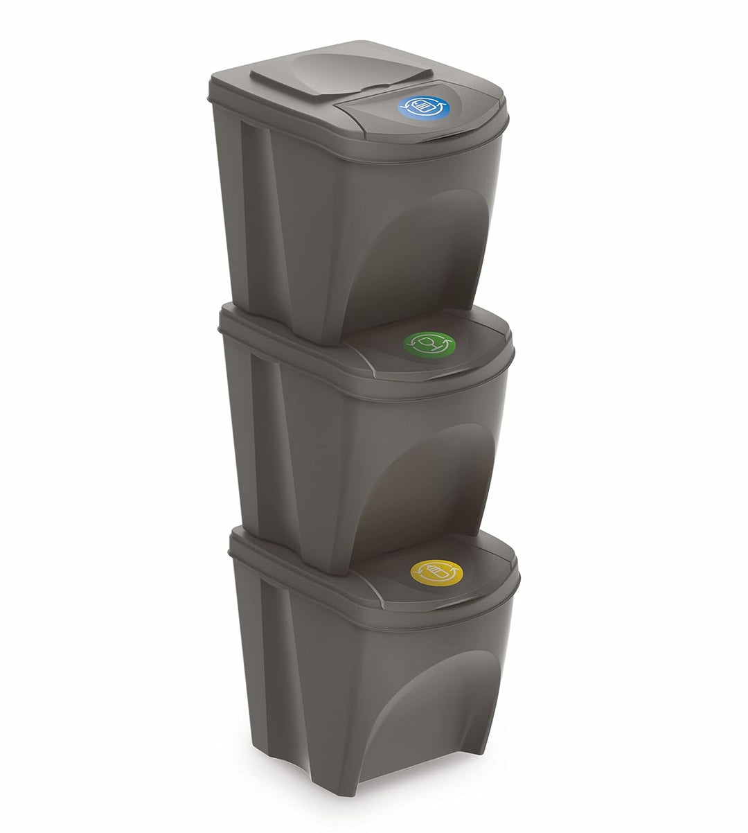 Sortibox Mülleimer mit Deckel 25 L - 3er Set/steingrau - Stapelbares Müll Trennsystem - Abfall Sorti