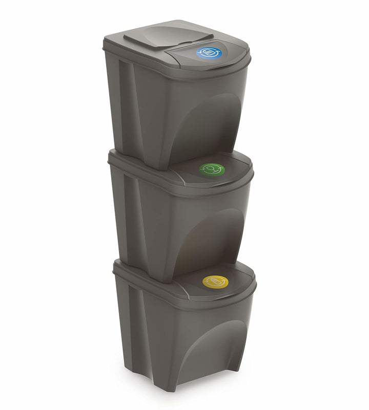 Sortibox Mülleimer mit Deckel 25 L - 3er Set/steingrau - Stapelbares Müll Trennsystem - Abfall Sorti