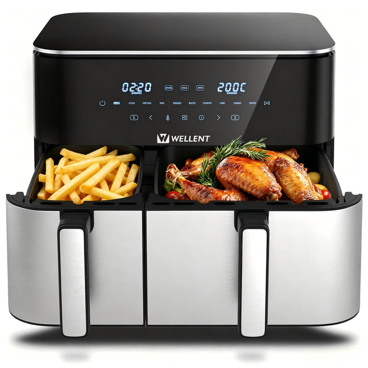 WELLENT 11L Airfryer 2 Kammern, 2600W Heissluftfritteuse XXL(4+7L),10-in-1 Heissluftfritteuse Doppel