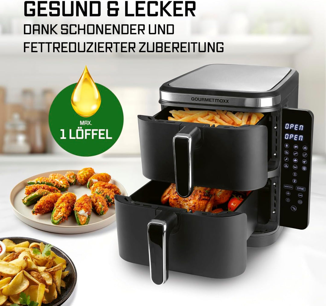 GOURMETmaxx FryUp Vertikale Doppelkammer Heissluftfritteuse | vertikaler Airfryer | klappbares Touch