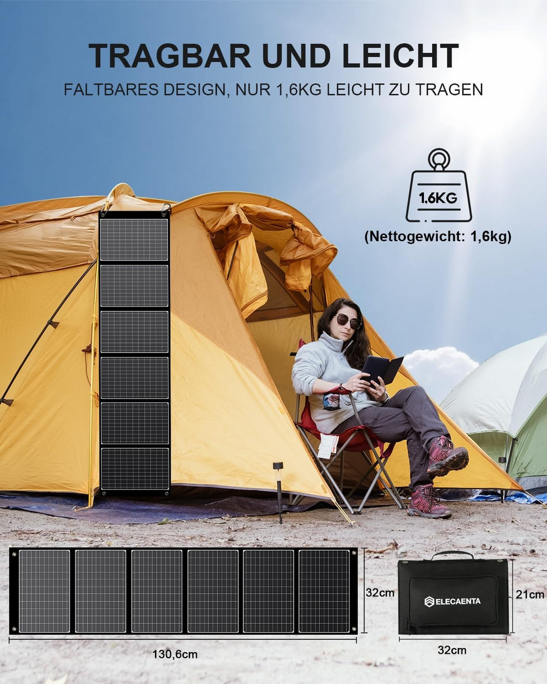 ELECAENTA 60W Faltbar Solar Ladegerät Tragbarer ETFE Monokristallinem Solarpanel USB-C PD45W USB QC3