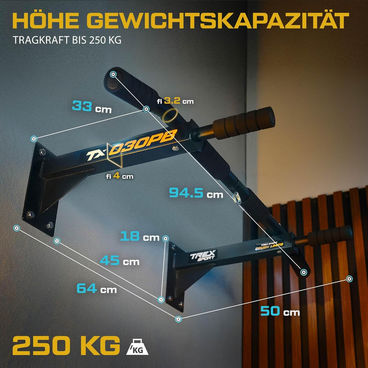 TREX SPORT Klimmzugstange zur Wandmontage TX-030PB| 6 rutschfeste Griffe, Öse für Boxsack | Pull Up