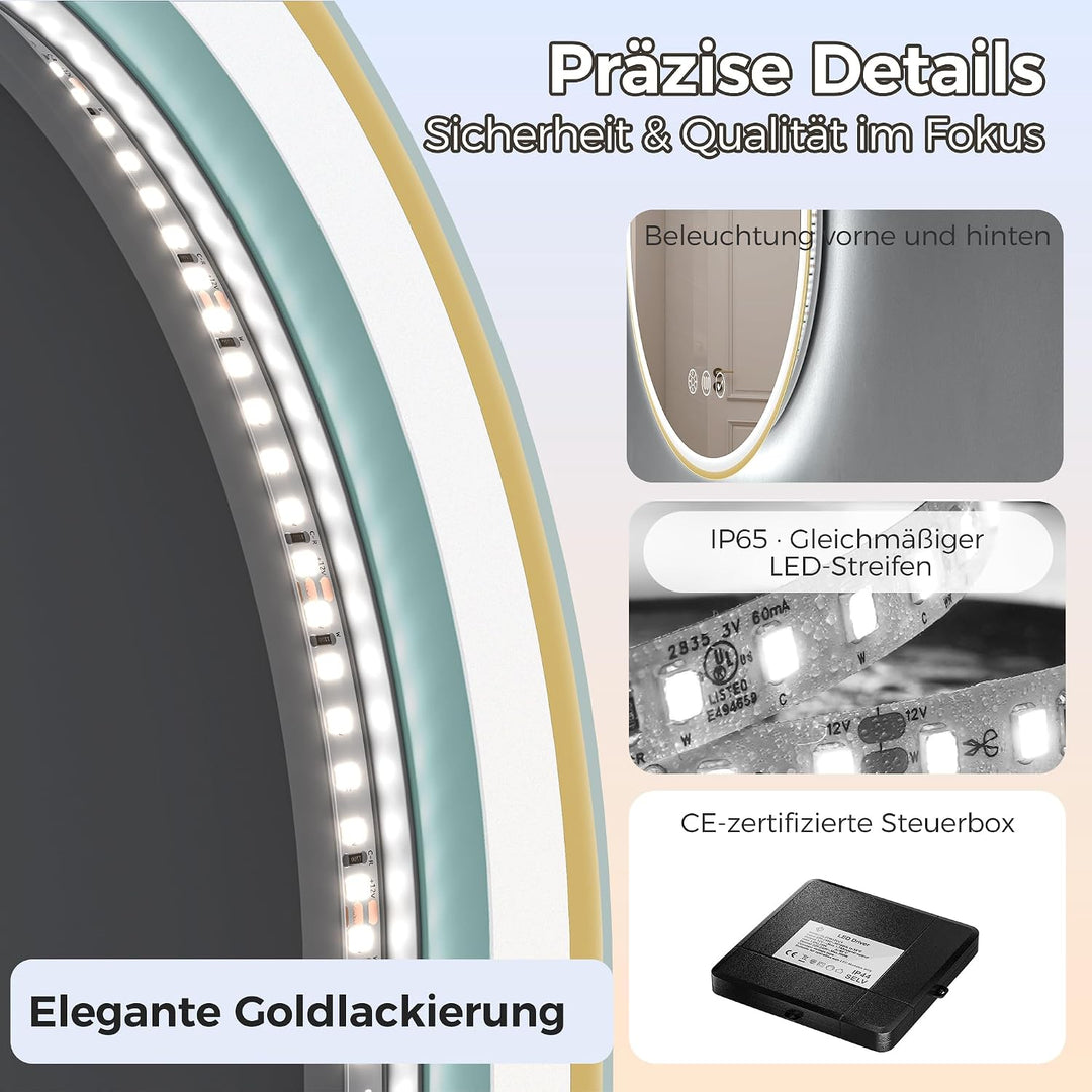 STARLEAD Gold Oval-LED-Badspiegel-mit-Beleuchtung 80x50cm, Bluetooth, Dimmbar, 3 Lichtfarben, Entfog