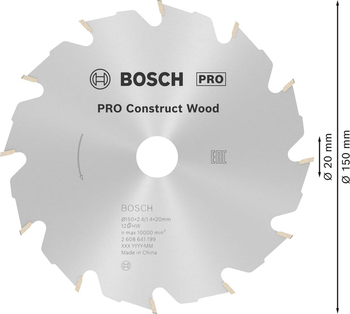 Bosch 1x PRO Construction Wood Kreissägeblatt für Netz-Handkreissägen (für Bauholz mit Mörtel und Nä