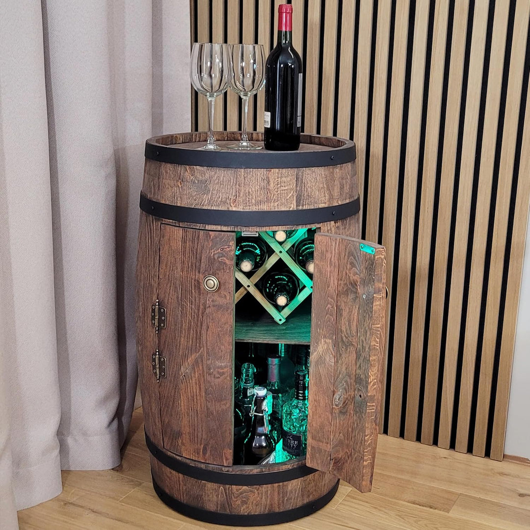 Fassbar mit Tür und Weinhalter RGB-LED-Beleuchtung - Weinregal. Hausbar Weinrack 80 cm. Rustikaler d