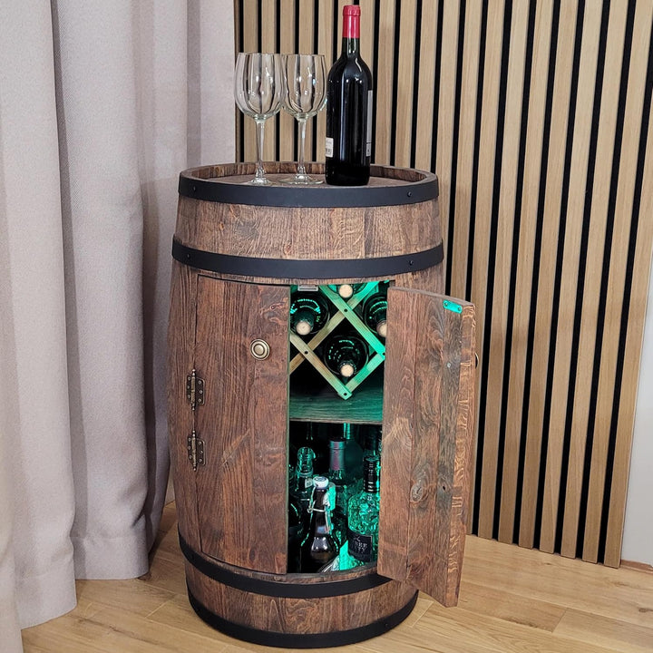 Fassbar mit Tür und Weinhalter RGB-LED-Beleuchtung - Weinregal. Hausbar Weinrack 80 cm. Rustikaler d
