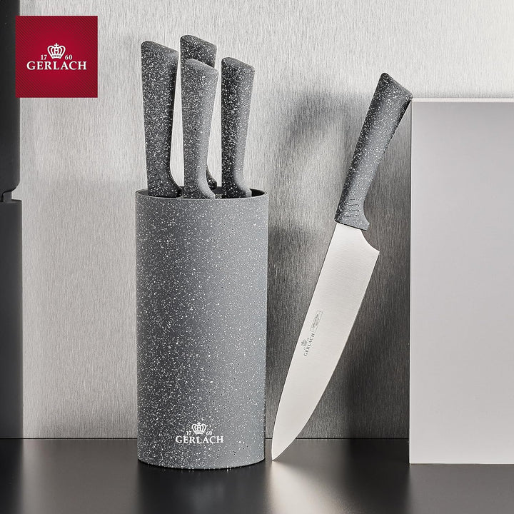 GERLACH Smart Stainless Steel X30Cr13 Bloc de 5 couteaux Finition satinée Granite Toucher doux