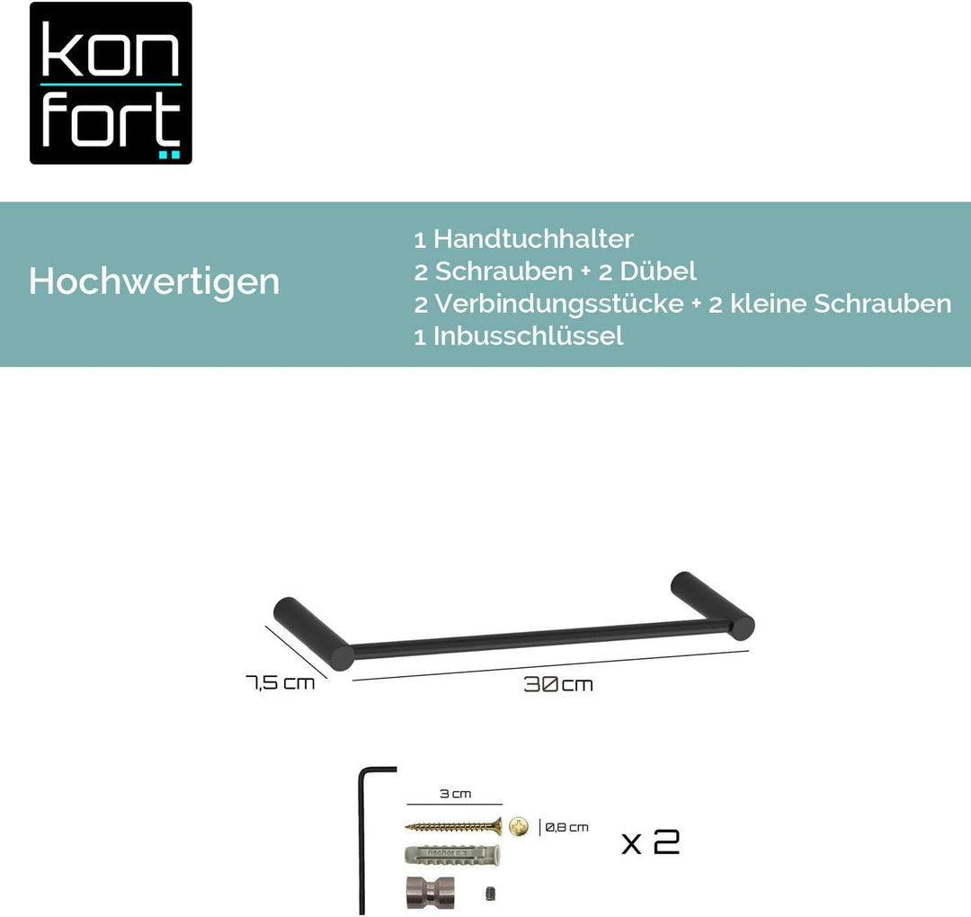 Kon-fort Home Handtuchhalter Schwarz 30cm zum Bohren Bad, Edelstahl Gebürstet Wandmontage, Handtuchs