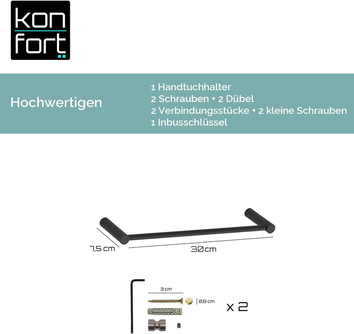 Kon-fort Home Handtuchhalter Schwarz 30cm zum Bohren Bad, Edelstahl Gebürstet Wandmontage, Handtuchs