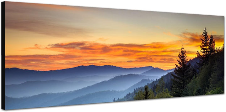 Paul Sinus Art Panoramabild auf Leinwand und Keilrahmen 150x50cm Landschaft Berge Wald Sonnenaufgang