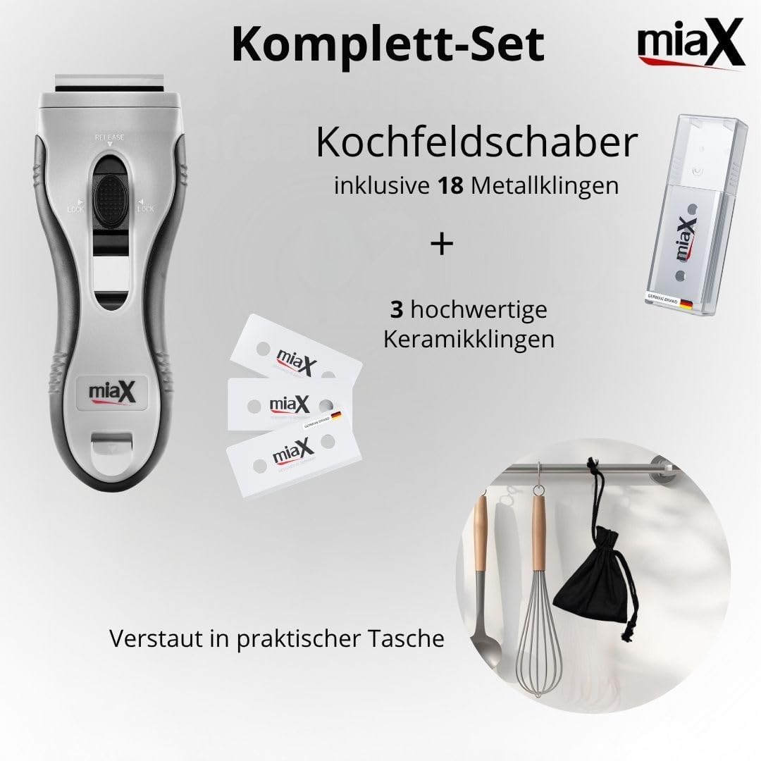 miaX Kochfeldschaber 2.0 mit automatischem Klingenwechsel & 21 Klingen | 18 Metallklingen, 3 Keramik