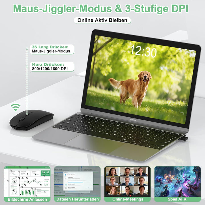 Kabellose Bluetooth Maus für MacBook Air Mac iPad Pro Laptop PC, Wiederaufladbare Funkmaus mit Jiggl