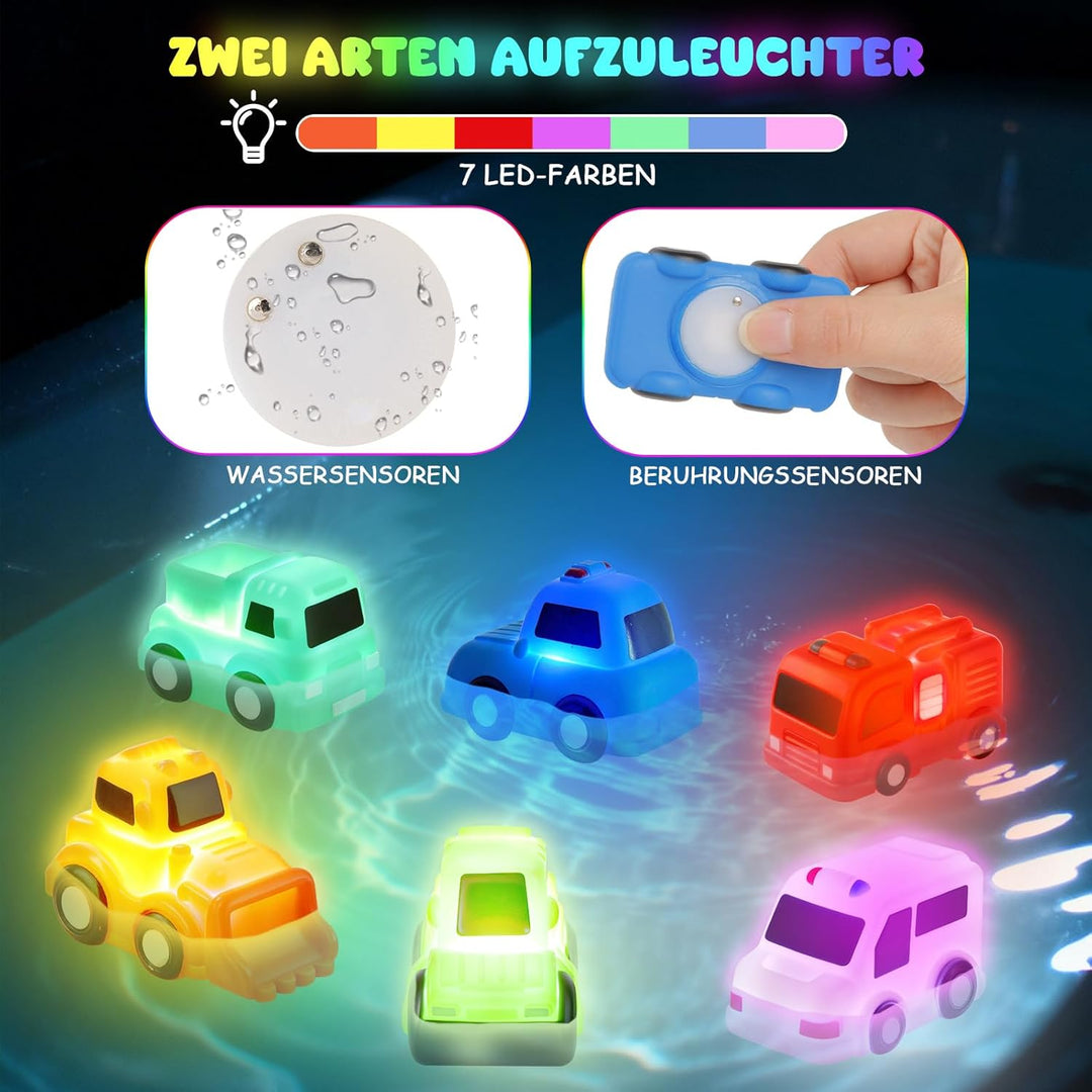 Badewannenspielzeug, 6 Stück Autos Badespielzeug mit Licht, Ohne Löcher Badespielzeug Baby ab 1 2 3