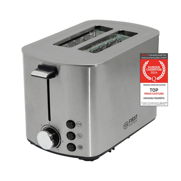 TZS First Austria Toaster | Edelstahl | 2 Scheiben | 850W | 7 Stufen | Warmhaltefunktion | abnehmbar