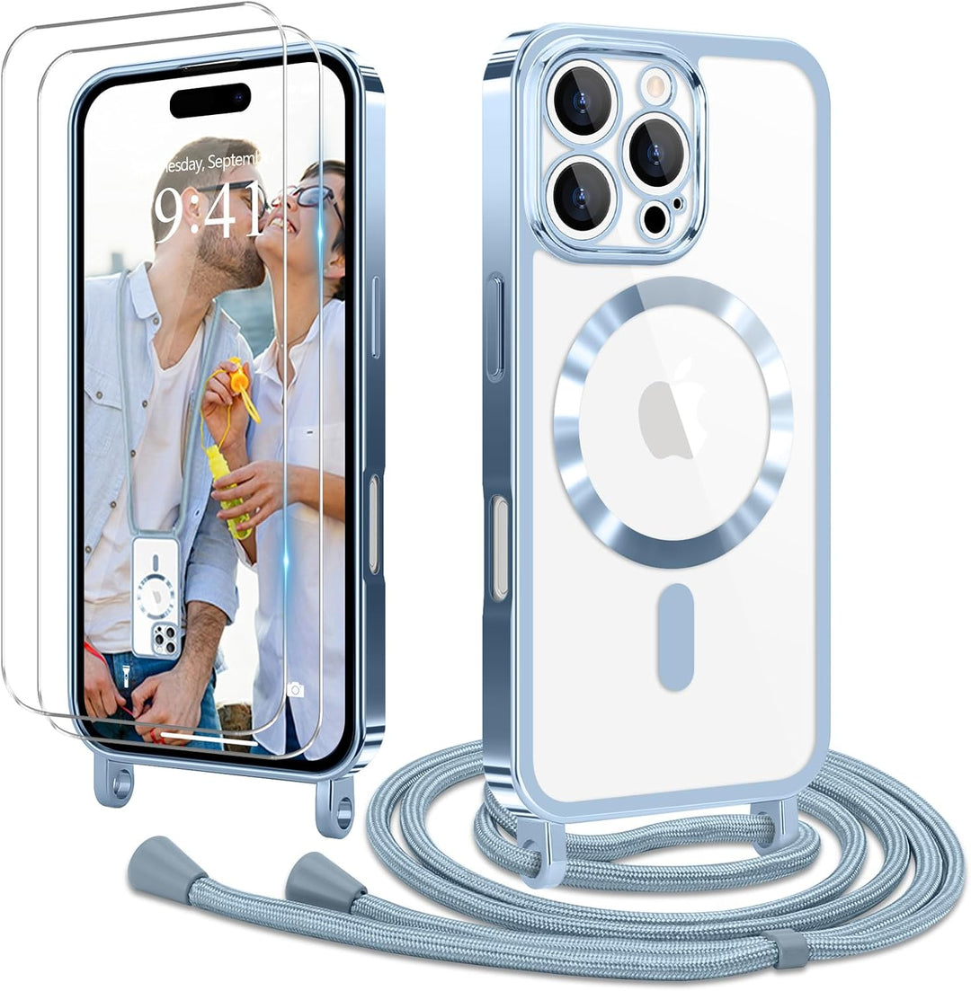 Ethanger Handykette für iPhone 16 Pro Max Hülle mit Band + 2 Stück Glas Schutzfolie Transparent Sili
