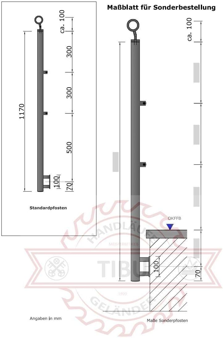 TIBU Einzelner Edelstahl Geländer Handlaufpfosten für seitliche Montage 2 Streben Seitenabstand 10mm