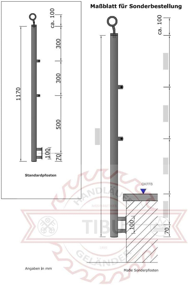 TIBU Einzelner Edelstahl Geländer Handlaufpfosten für seitliche Montage 2 Streben Seitenabstand 10mm
