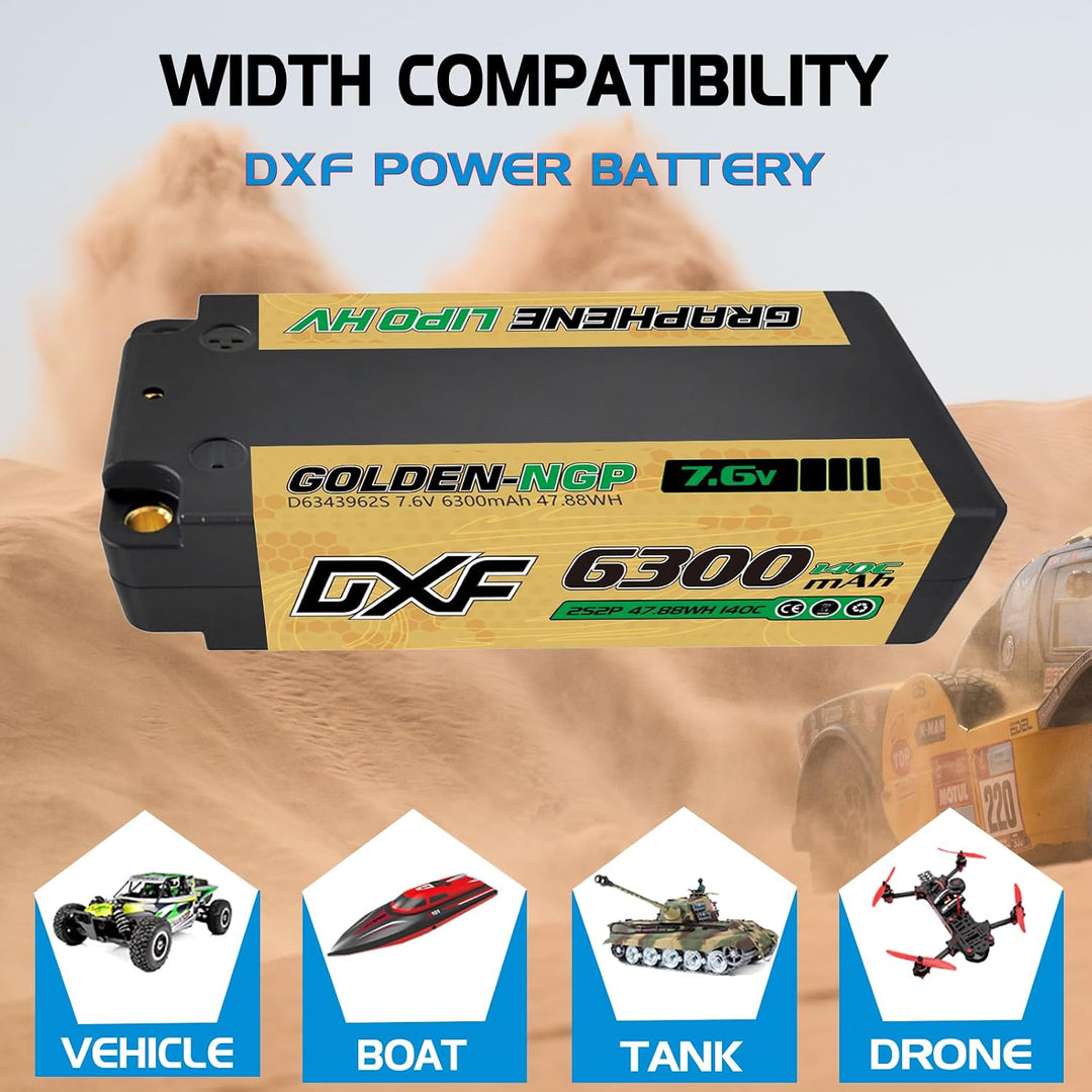 DXF 2S Kurzer LiPo Akku 7.6V 140C 6300mAh HV Hardcase GOLDEN NGP RC Batterie mit 5mm Kugel to Deans