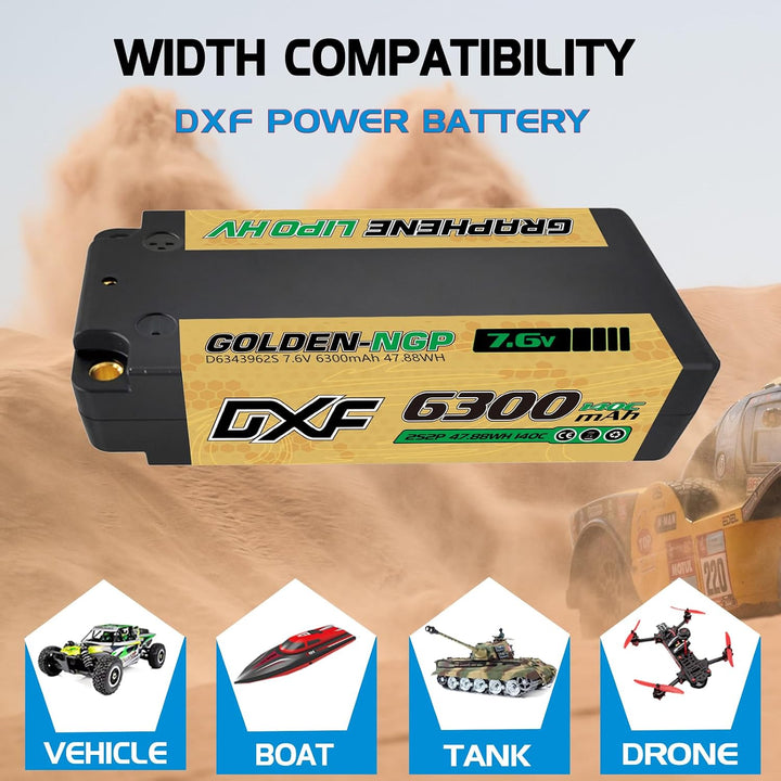 DXF 2S Kurzer LiPo Akku 7.6V 140C 6300mAh HV Hardcase GOLDEN NGP RC Batterie mit 5mm Kugel to Deans