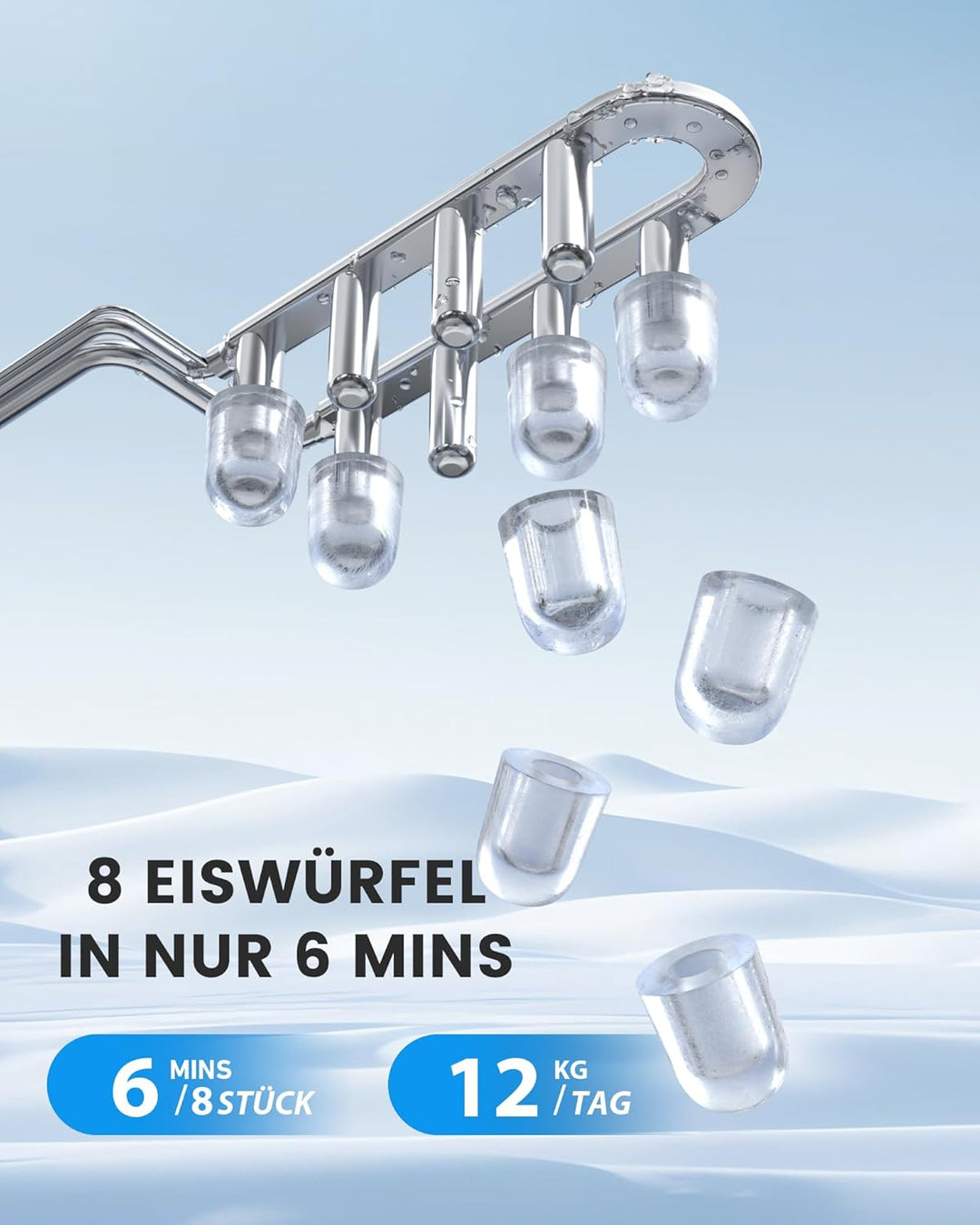 EASYERA Eiswürfelmaschine Klein, Tragbar und Kompakt, 12 KG/24H, Eiswürfel in 6 Minuten, 2 Eiswürfel