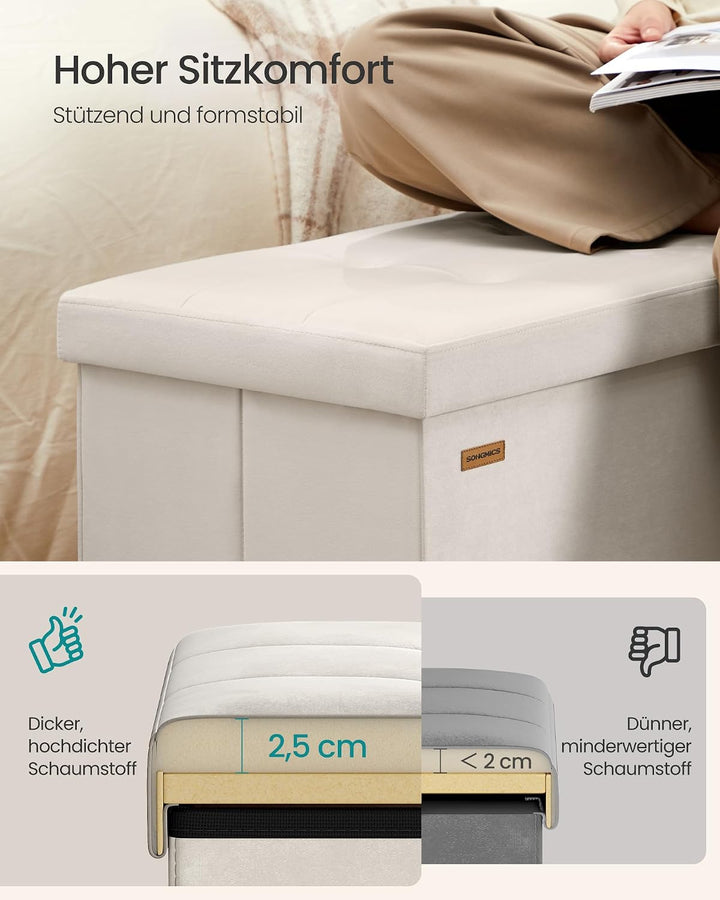 SONGMICS Sitzbank mit Stauraum, klappbare Sitztruhe, 38 x 110 x 38 cm | Aufbewahrungsbox, Deckel kla