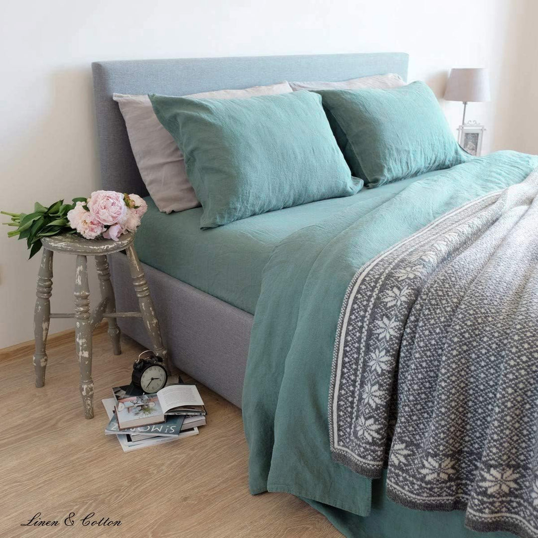 Linen &amp; Cotton Weicher Griff Bettwäsche Set Alicia - 100% Leinen Gewaschen, Mint Grün (220 x 230 cm)