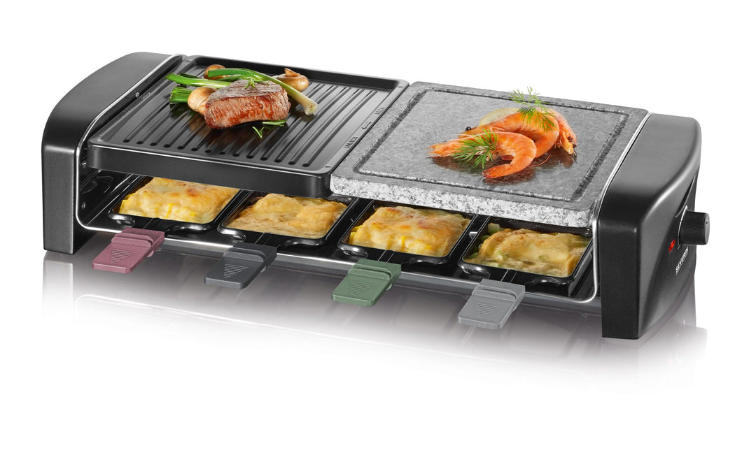 SEVERIN Raclette-Grill mit Naturgrillstein und Gussplatt, ca. 1.400 W, Inkl. 8 Pfännchen, RG