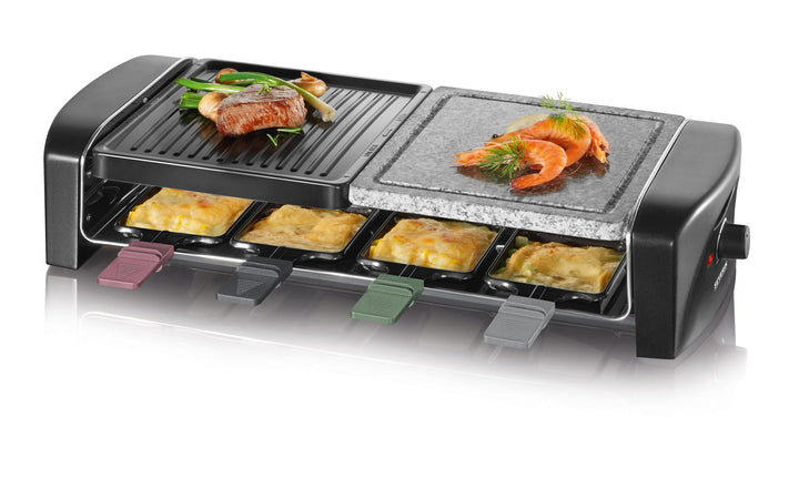 SEVERIN Raclette-Grill mit Naturgrillstein und Gussplatt, ca. 1.400 W, Inkl. 8 Pfännchen, RG