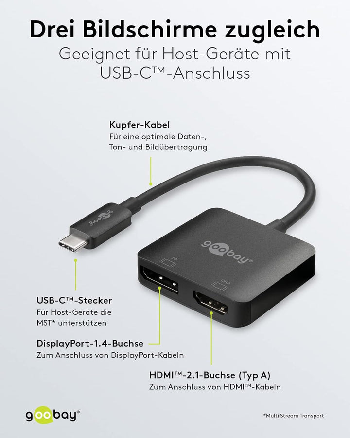 Goobay 60172 Adapter USB-C auf HDMI & DisplayPort für die Erweiterung auf 2 Monitore gleichzeitig/Mu