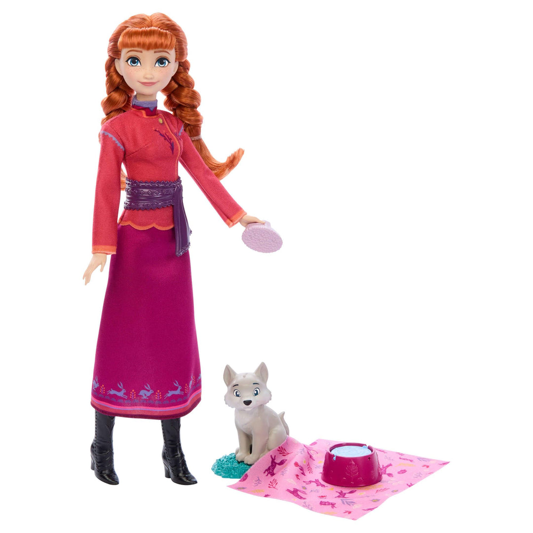 Mattel Disney Die Eiskönigin Anna-Modepuppe und Wolfsjunges-Figur mit 4 Zubehörteilen, einschliessli