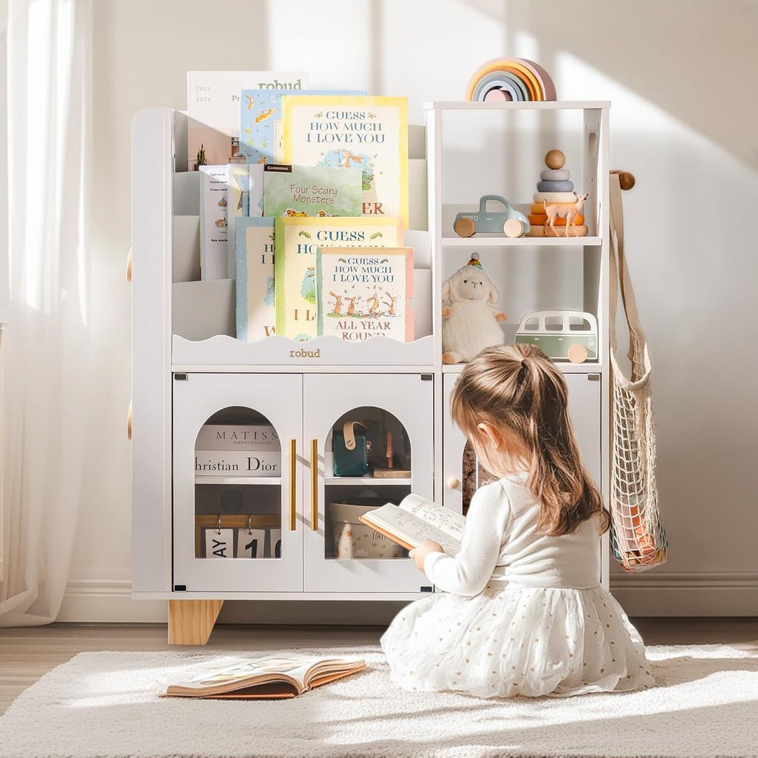 ROBUD Kinder bücherregal Weiss, Holz Standregal,mehrstufig, mit Spielzeugaufbewahrungszone, Kindersc