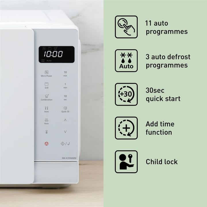 Panasonic NN-K35NWMEPG, Mikrowellenherd, 24 Liter, 900 W Leistung, 8 automatische Programme, Dual-Ko