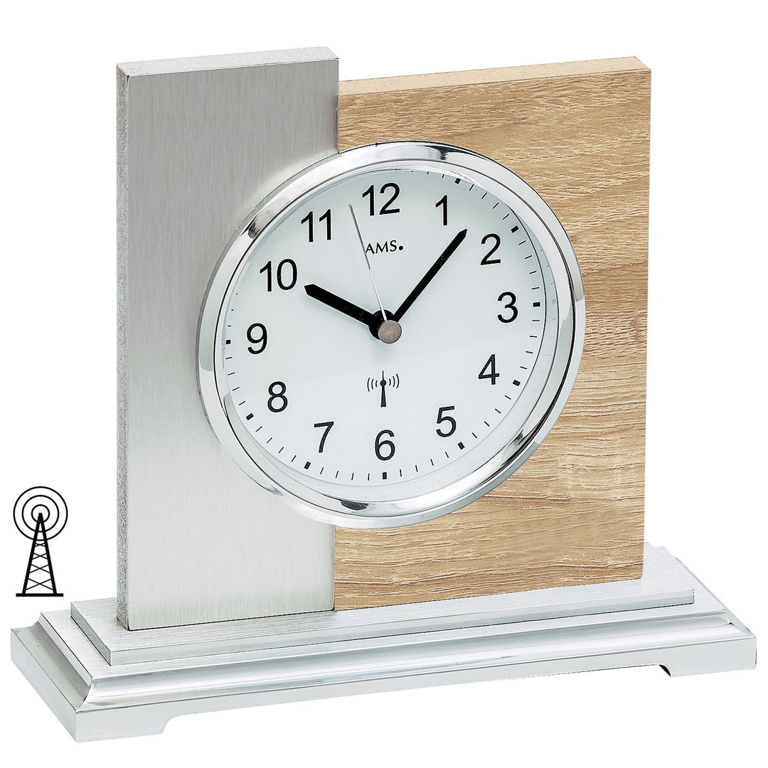 AMS 5151 Tischuhr Funk silbern modern Holz Sonoma Optik mit Aluminium Auflage