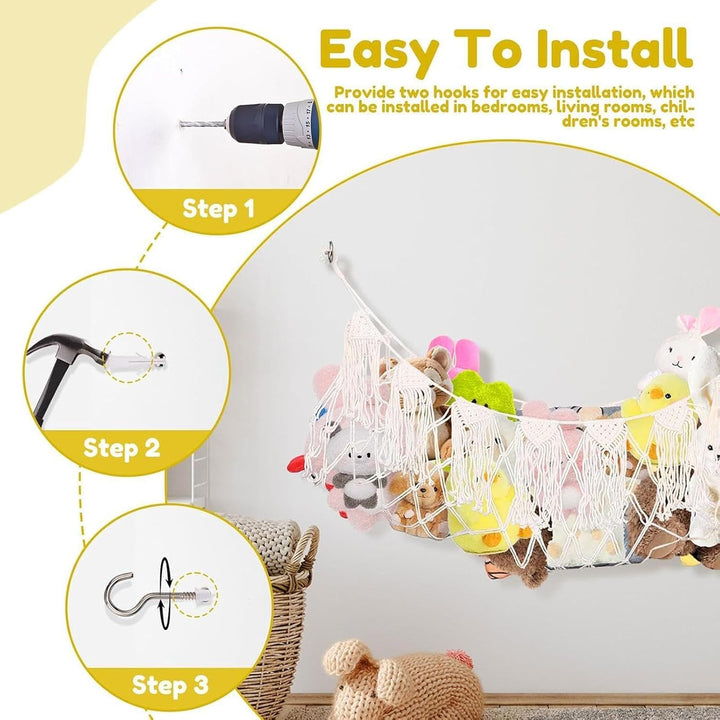Stuffed Animal Net, Plush Toy Hammock, Boho Wall Storage | Interactive Heavy Duty Mesh Organizer for