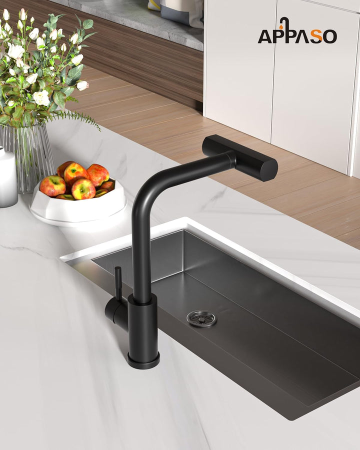 APPASO Wasserhahn Küche Schwarz Wasserfall, Hochdruck Küchenarmatur Schwarz, Küchenarmatur Ausziehba