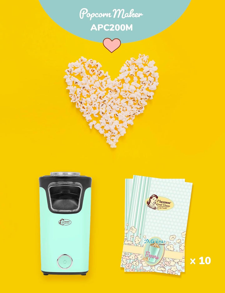 Bestron Popcornmaker, Turbo-Popcorn in unter 2 Minuten, Popcornmaschine mit Heisslufttechnologie, in