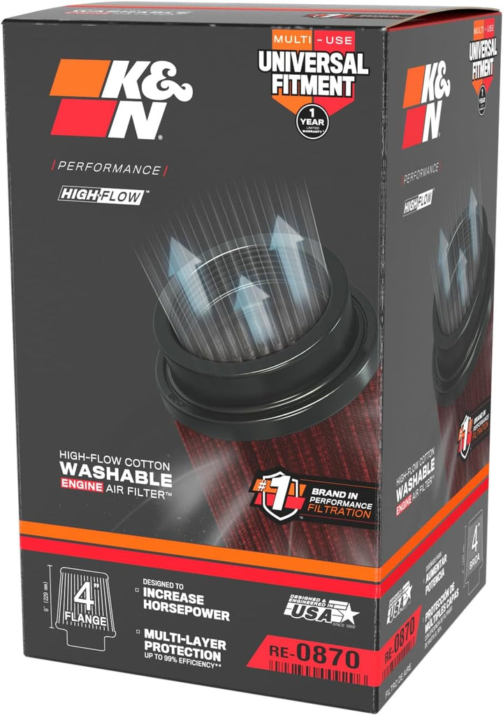 K&N RE-0870 Waschbarer und wiederverwendbarer KFZ und Motorrad Gummi Universalluftfilter Rot