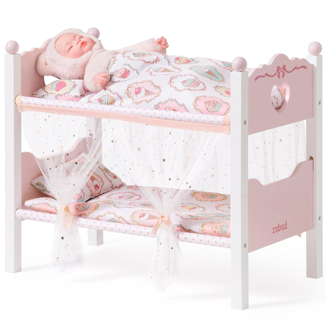 ROBUD Holzpuppen-Etagenbett, 2-in-1-Convertible Puppenbett mit Bettwäsche, Baldachin Vorhänge &amp; Herz