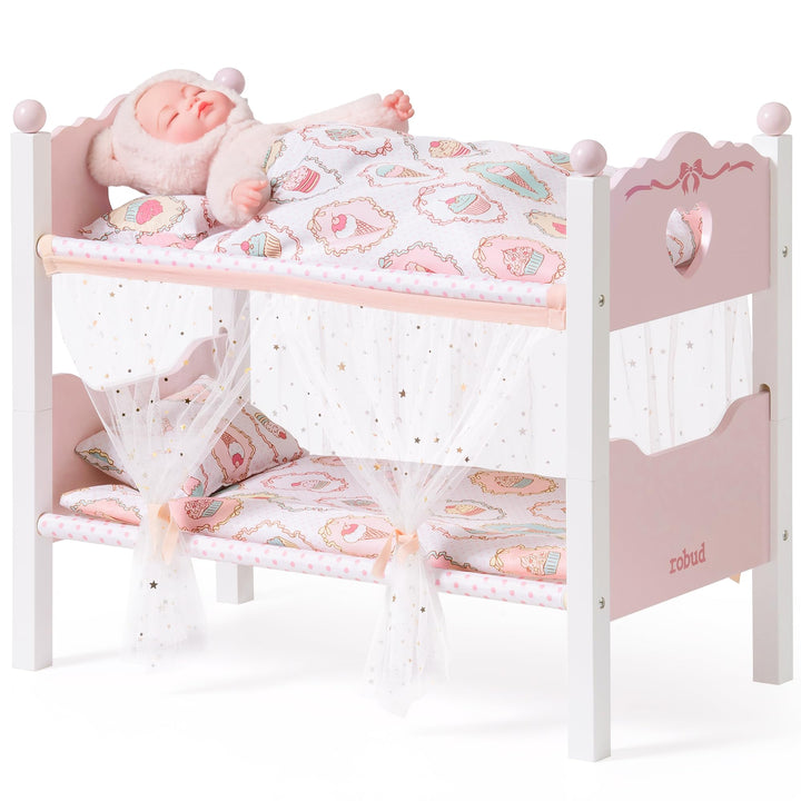 ROBUD Holzpuppen-Etagenbett, 2-in-1-Convertible Puppenbett mit Bettwäsche, Baldachin Vorhänge &amp; Herz