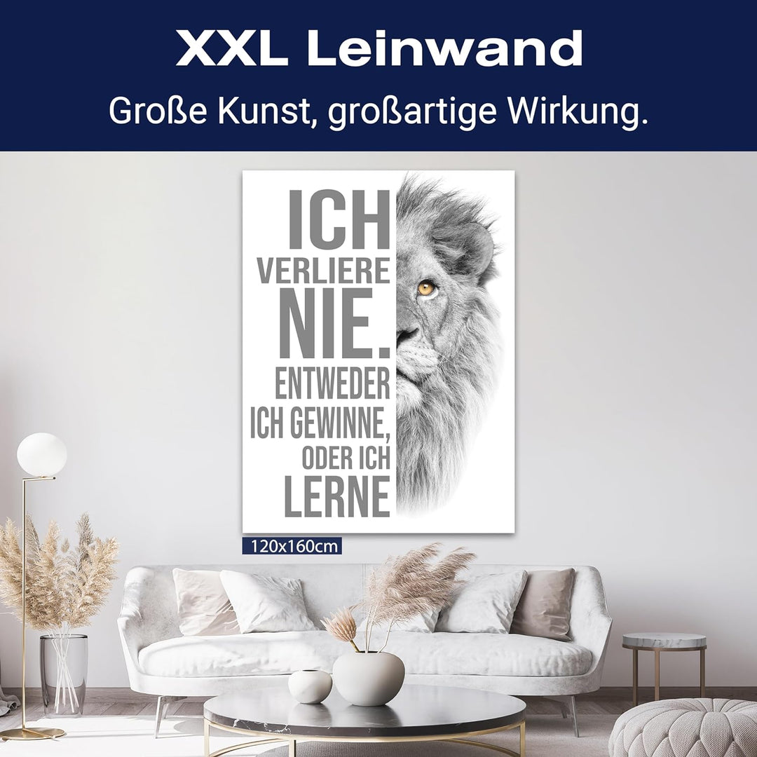 wandmotiv24 Leinwand-Bilder Löwen, Grösse 40x30cm, Hochformat, Löwe, ich verliere nie, Weiss, Raub-K