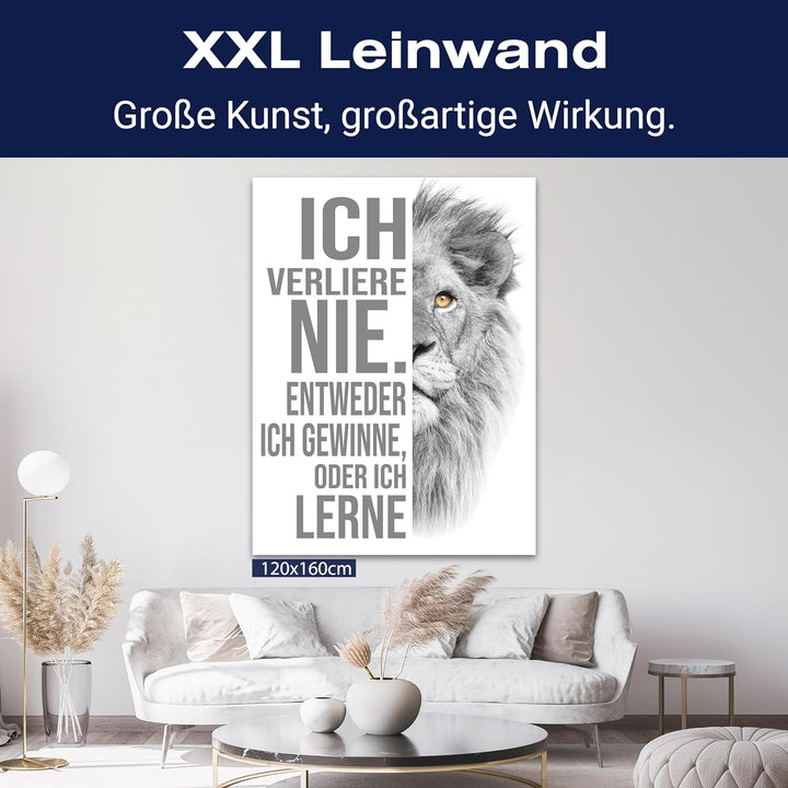 wandmotiv24 Leinwand-Bilder Löwen, Grösse 40x30cm, Hochformat, Löwe, ich verliere nie, Weiss, Raub-K