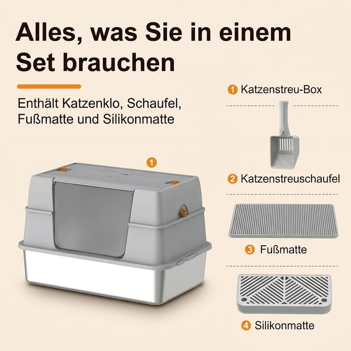 Geschlossene Katzentoilette aus Edelstahl mit Deckel, seitlicher Einstieg aus Metall für grosse Katz
