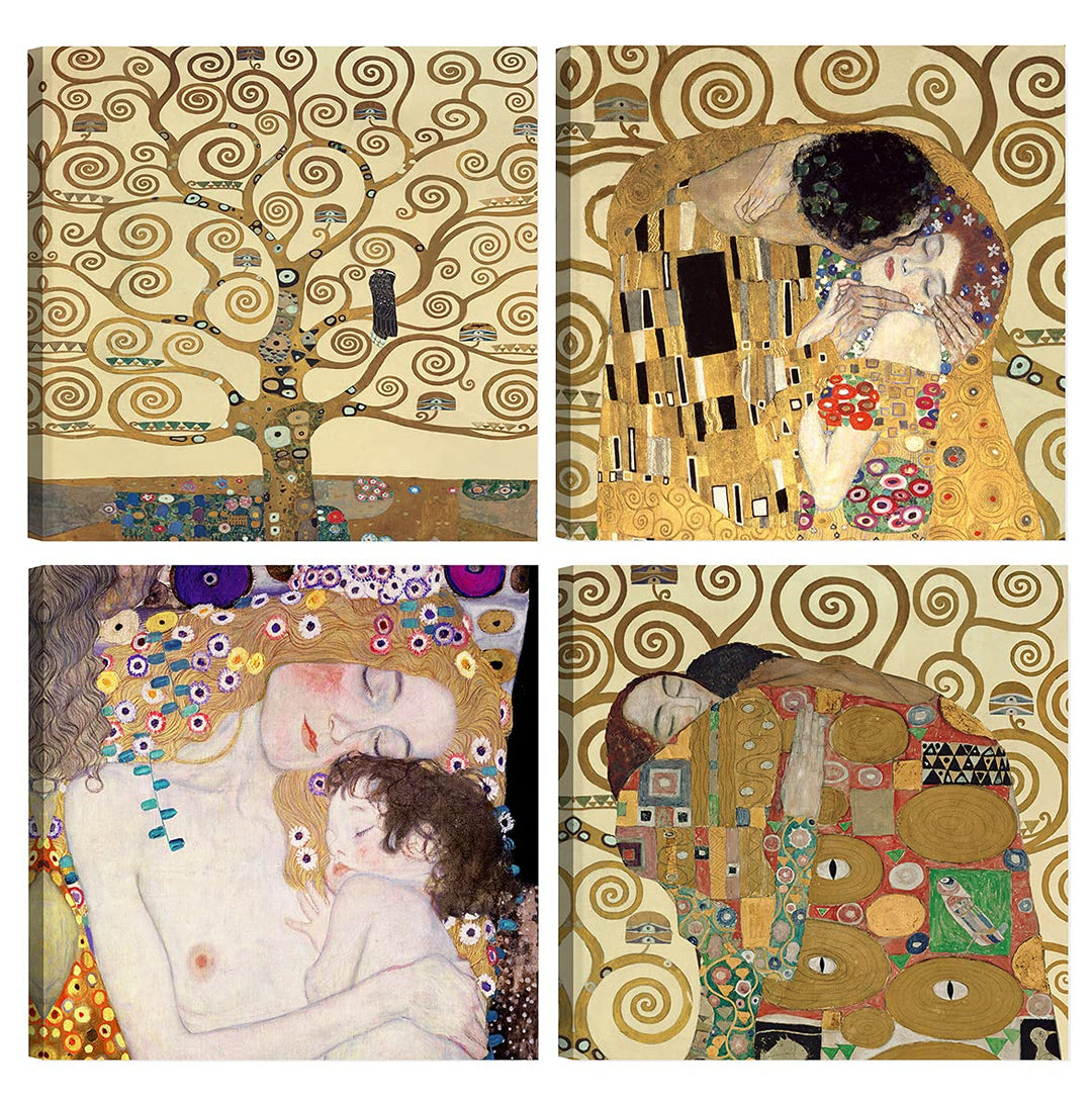 DìMò ART Moderne Bilder Gustav Klimt, 4 Stück, 30 x 30 cm, Druck auf Leinwand, klassische Kunst, Möb
