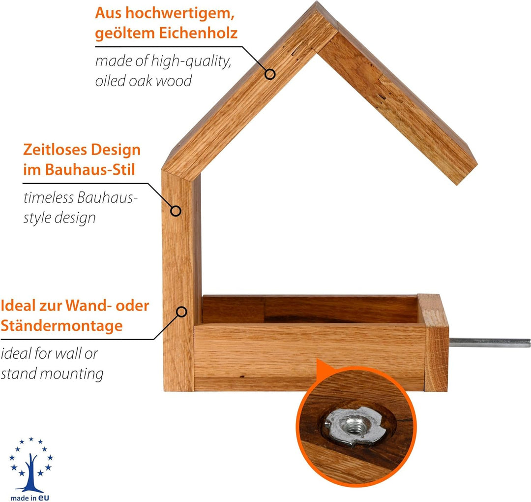 Luxus-Vogelhaus 46850e Eichenholz Vogelfutterhaus zum Aufhängen mit Satteldach und Anflugstange Eich