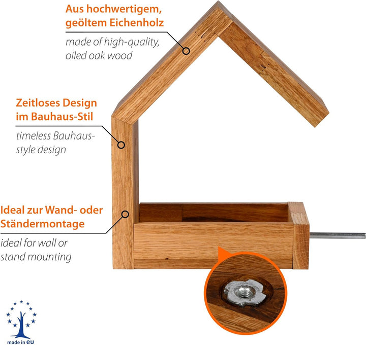 Luxus-Vogelhaus 46850e Eichenholz Vogelfutterhaus zum Aufhängen mit Satteldach und Anflugstange Eich