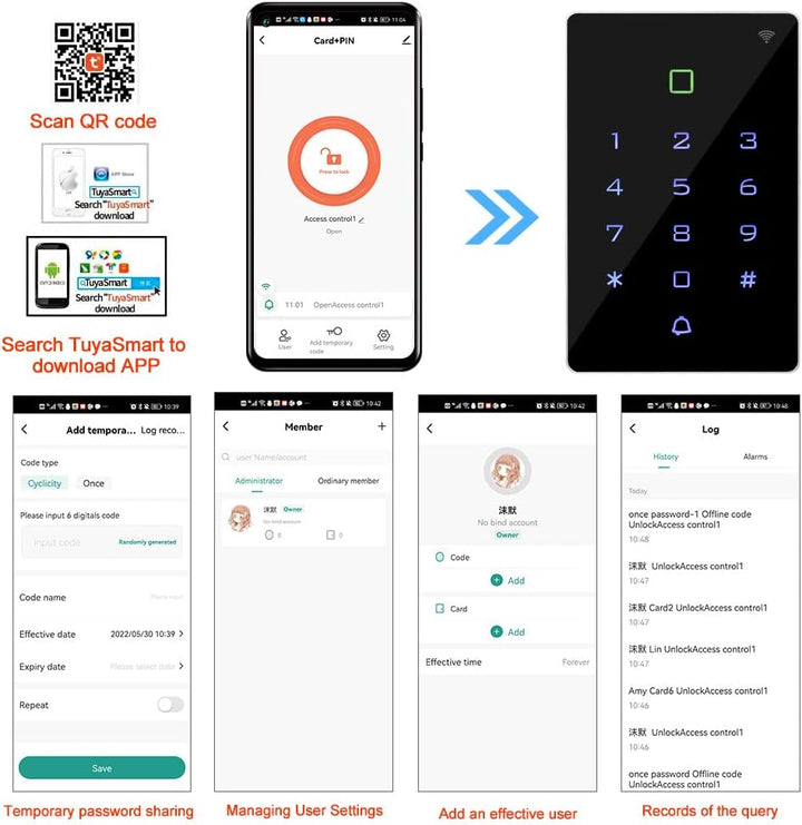 FUSYTULY Wasserdichtes Zugangskontrollsystem IP68 im Freien Tuya WiFi RFID Tastatur + K80 3A Netztei