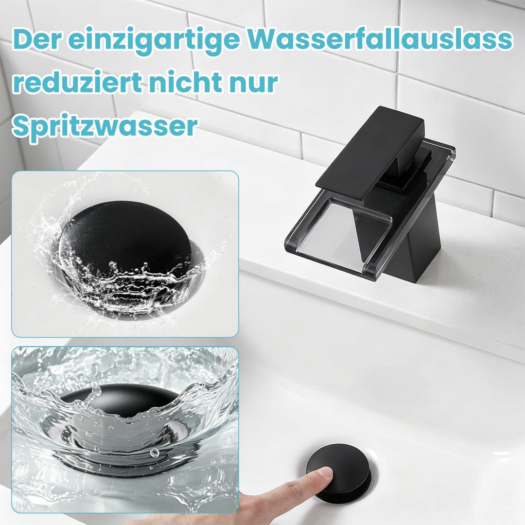 Wasserhahn Bad,Wasserfall Armatur Badezimmer Glas,Schwarz Schwarz Xs, Schwarz Xs