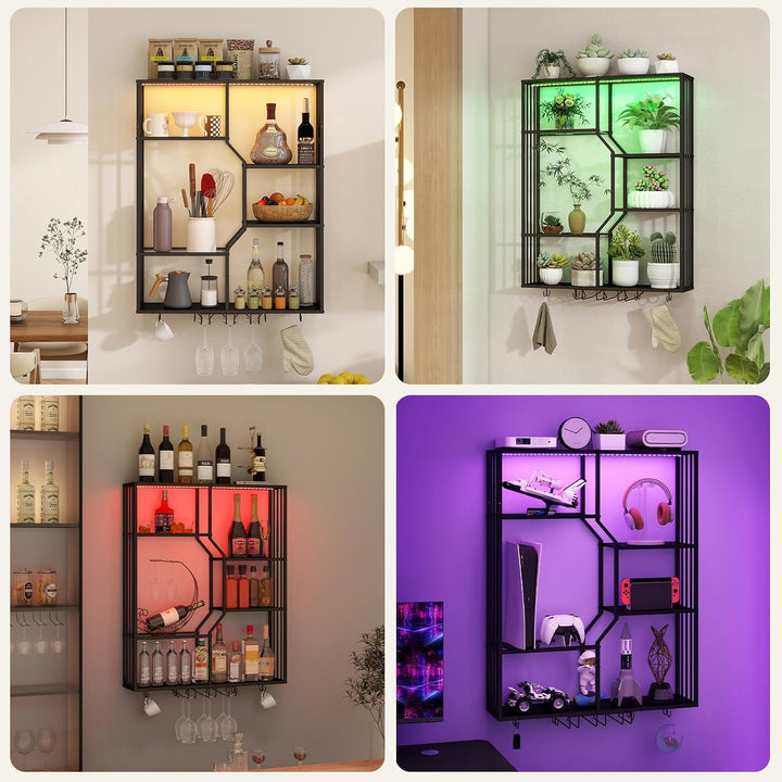 YOURLITE Weinregal Wand mit LED-Beleuchtung Metall,Bar Regal mit Glashalter,Wandmontage Wine Display