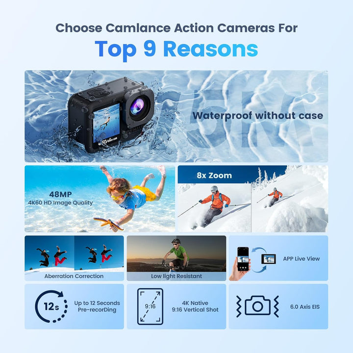 4K60FPS Action Cam 64MP, 15M Nackte Wasserdicht Unterwasserkamera mit 64 GB Karte, 8X Zoom ActionKam
